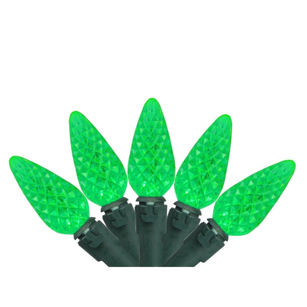 70 LED Faceted C6 Christmas Lights on Green Wire
