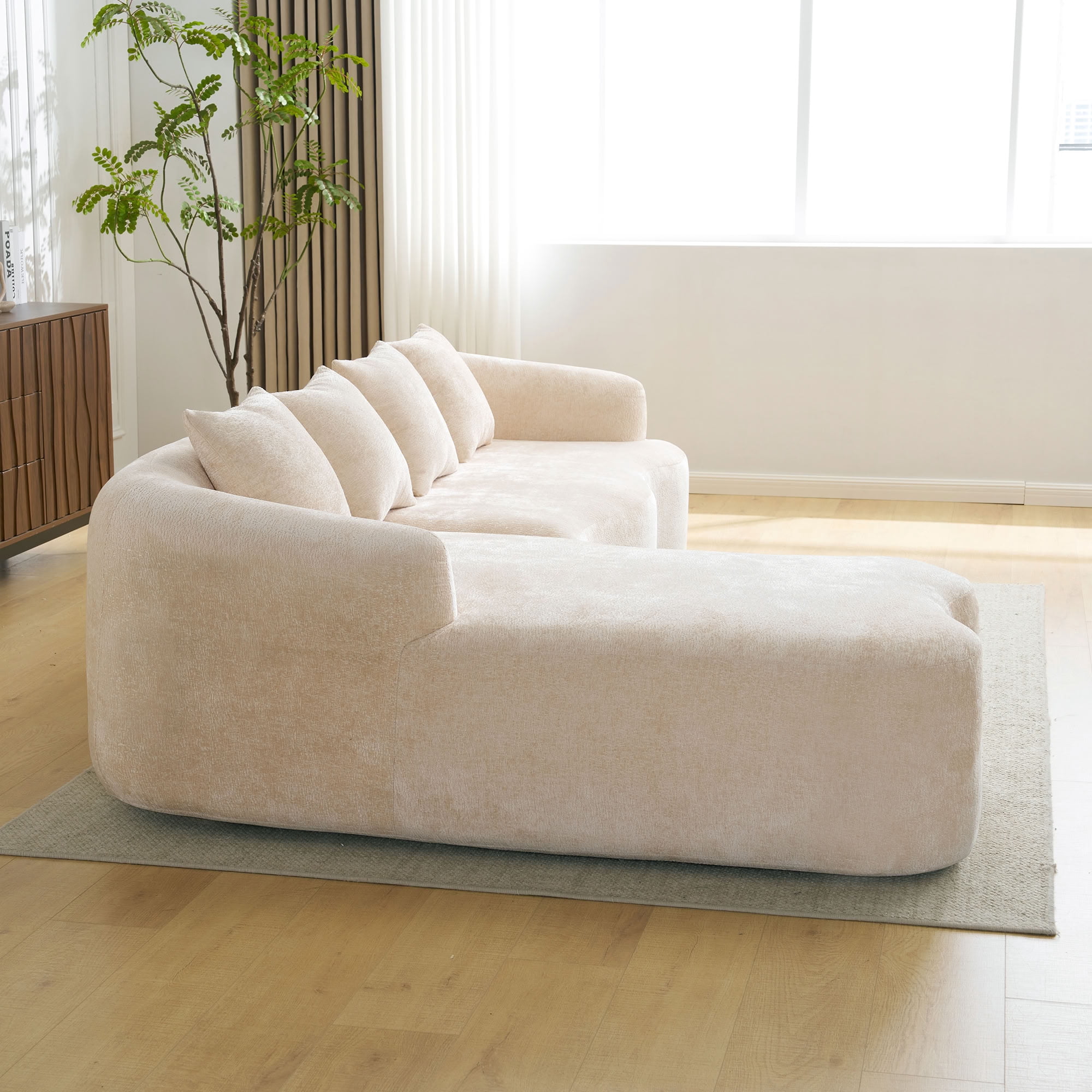 MAYEERTY L-Shaped Sectional Sofa with Curved Chaise Lounge, Chenille Modular Couch with 4 Throw Pillows, No-Assembly for Apartment Living Room Small Spaces