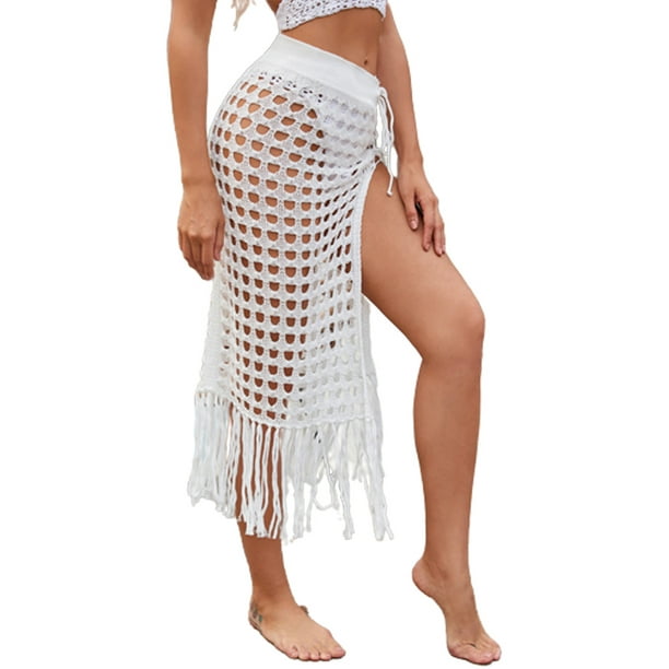 Women Sexy Hollow Out Mesh Tassle Skirts Beach Cover Up Summer Fish Net  Swimsuit Wrap Swimwear - White