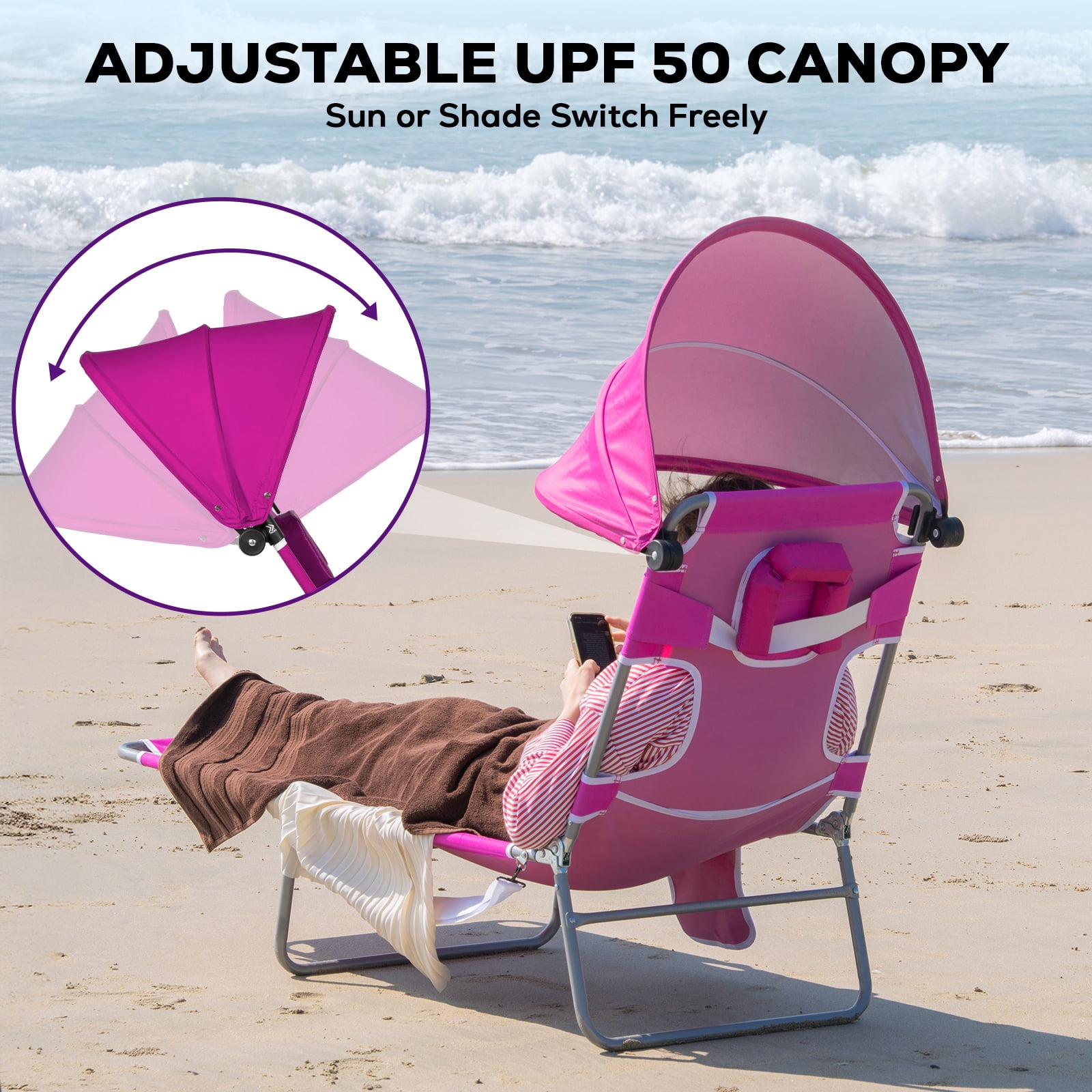 SUNSPIRE Folding Beach Lounge Chair with Face Hole Canopy Pillow Side Pocket, Portable Reclining Tanning Sun Lounger for Beach Pool Patio Pink