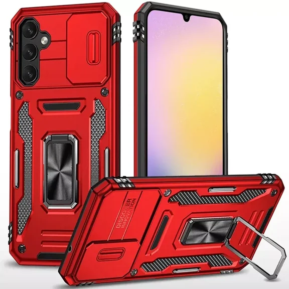 For Samsung Galaxy A15 5G S156V Utter Hybrid Kickstand Cover Cell Phone Case   Tempered Glass - Red