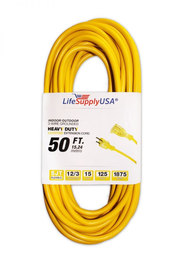25 ft Extension Cord 16/3 SJTW with Lighted end Indoor Outdoor Heavy Duty Extra Durability 13 AMP 125 Volts 1625 Watts by LifeSupplyUSA Yellow 25 ft Extension Cord 16/3 SJTW with Lighted end Indoor Outdoor Heavy Duty Extra Durability 13 AMP 125 Volts 1625 Watts by LifeSupplyUSA Yellow