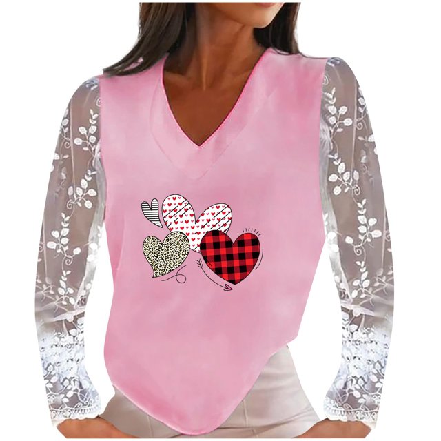 ICHUANYI Clearance Women Casual Lace Long Sleeve Patchwork V-Neck Pullover Heart Print Blouse T-shirt Tops ICHUANYI "ICHUANYI"