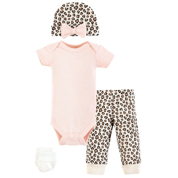 Hudson Baby Girls Thermal Preemie Layette Set 4pc Short Sleeve Outfit, Leopard, Preemie