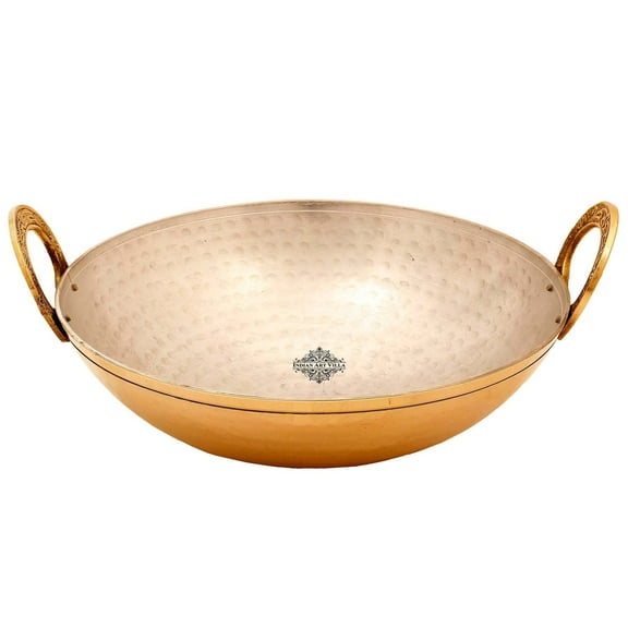 Indian Art Villa Brass Wok/Kadai - Tin Lined, Hammered Design, 95 oz - Traditional Cookware