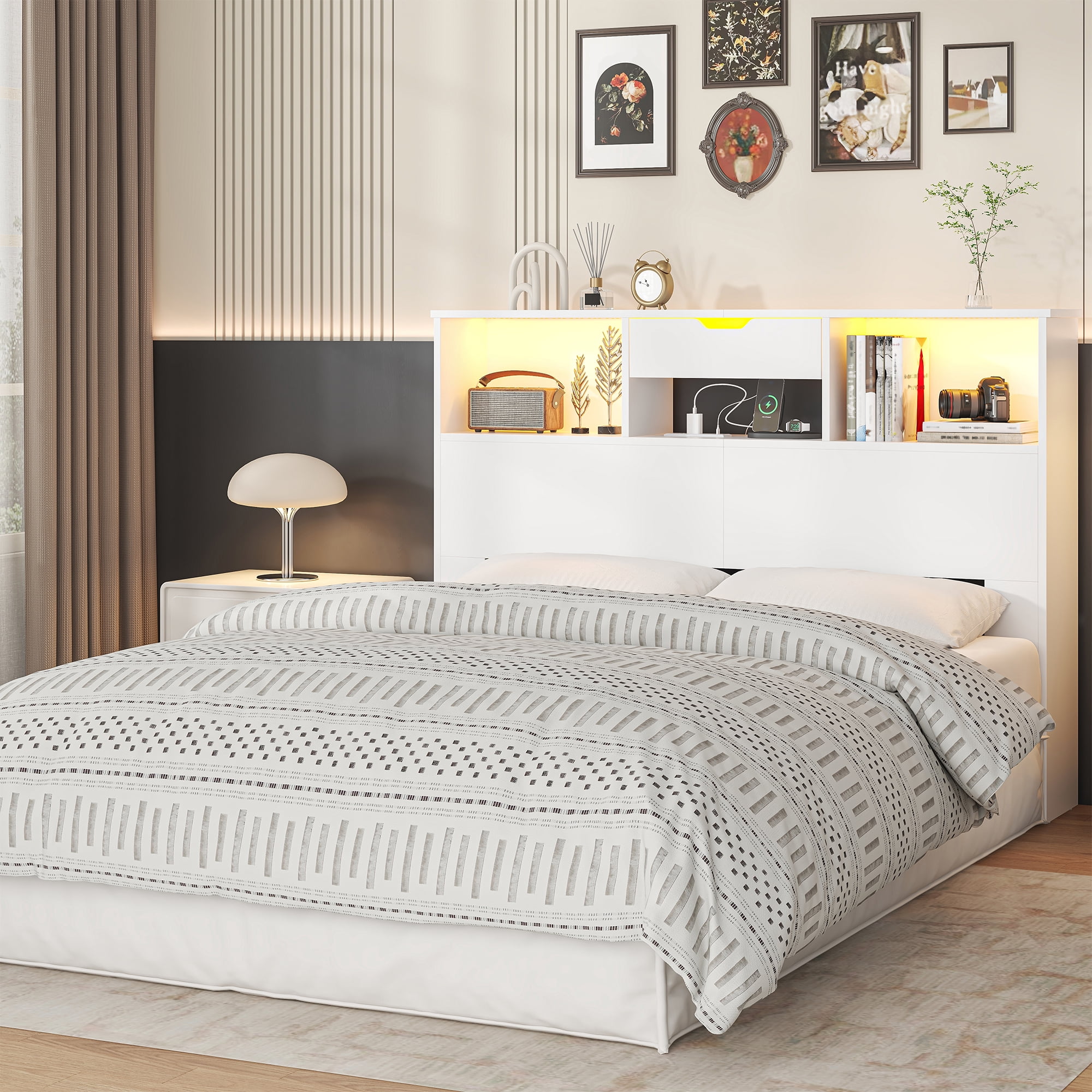 Wood Headboard for Full and Queen Bed, LED Headboard with Changing Station and Storage Cabinet for Bedroom, White (Not Include Bed）