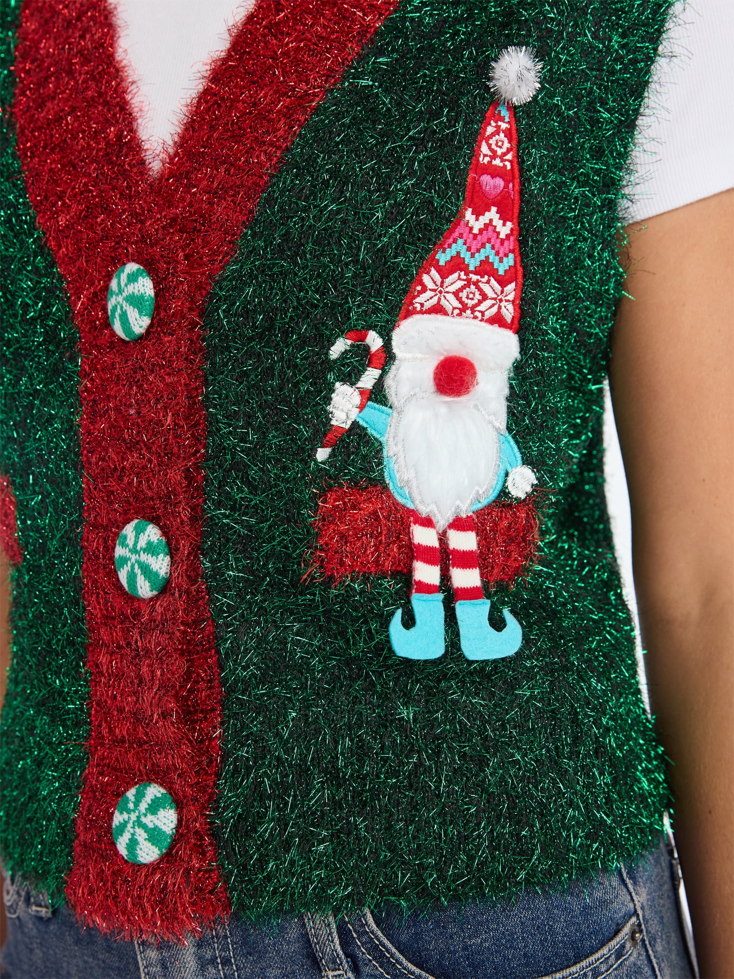 No Boundaries V-Neck Button Front Christmas Vest, Women’s
