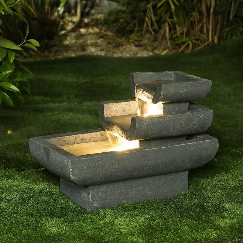LuxenHome Cement Modern ThreeTiered Basin Lighted Outdoor Fountain