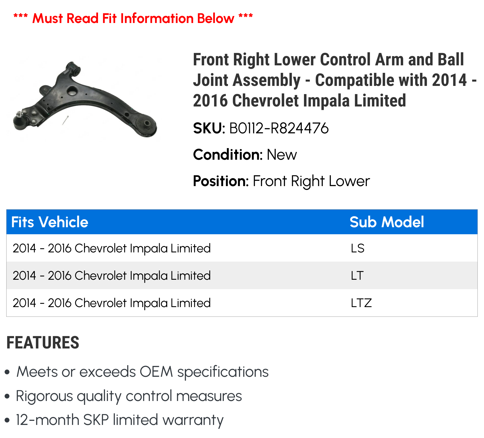 Detroit Axle Front Left Lower Control Arm For 2014-2016 Chevy Impala Limited – K620675V1