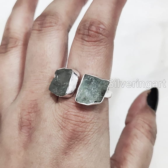 Natural Aquamarine Ring, Rough Aquamarine Gemstone Ring, March Birthstone, Double Stone, 925 Sterling Silver, Womens Ring, Christmas, Adjustable Ring, Handmade, Statement Jewelry, Raw Gemstone Jewelry