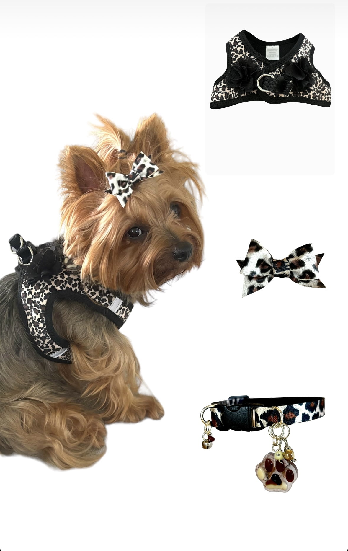 Harness + Collar + Bow for Dogs adjustable Animal Print with flowers Size “S” , Set