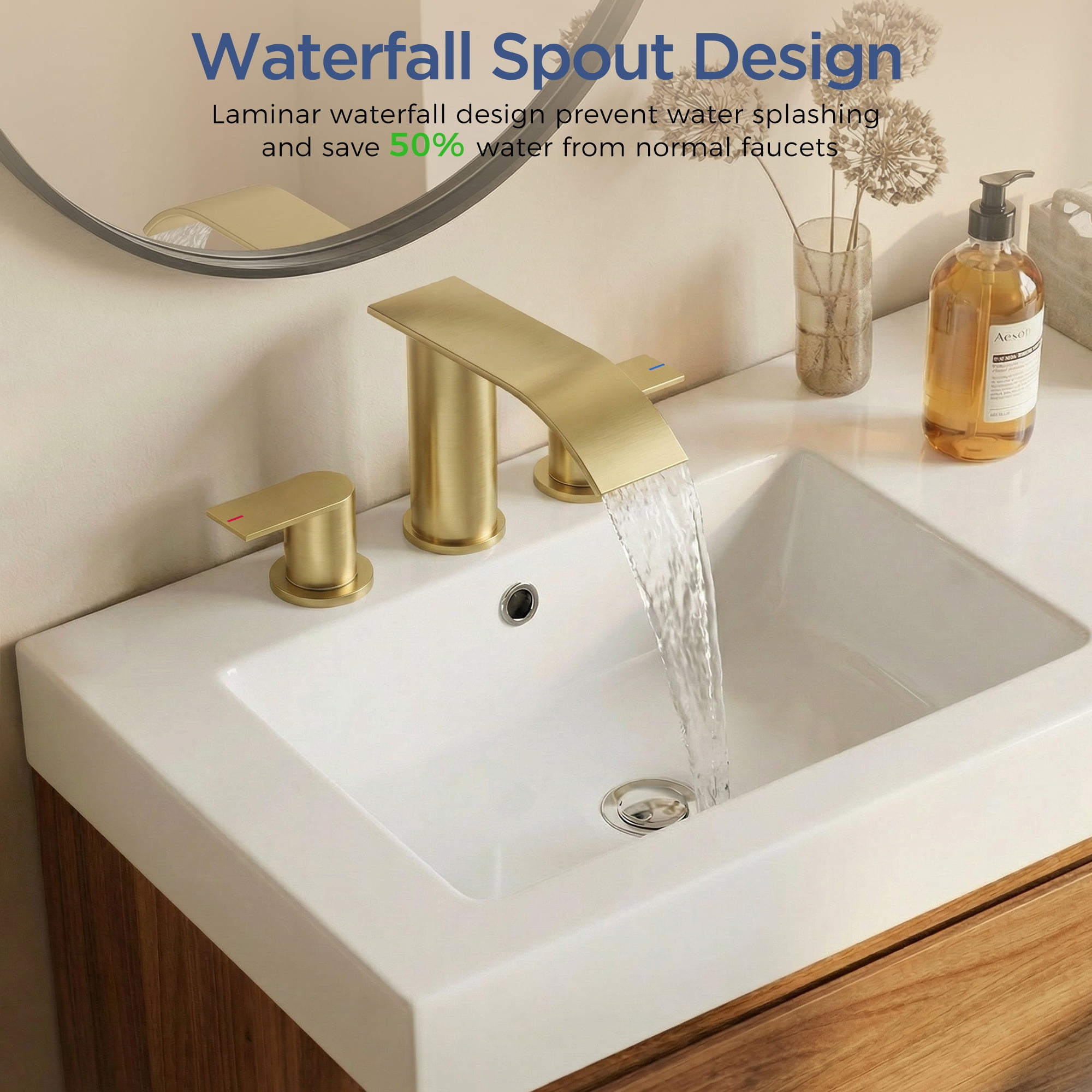 TVOFEK 8 inch Waterfall Bathroom Faucet 3 Hole, Gold Widespread Bathroom Water Faucets with Metal Pop-up Drain and Supply Lines for Vanity Farmhouse, Stainless Steel Faucets
