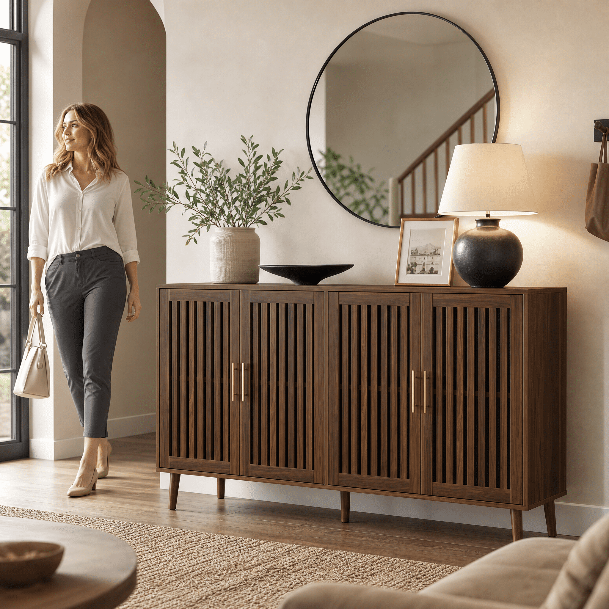 63 inch Walnut Sideboard Buffet Cabinet With Storage, Grille-Striped 4 Doors Sideboard, Multifunctional Accent Cabinet for Dining Room, Living Room, Entryway, Kitchen