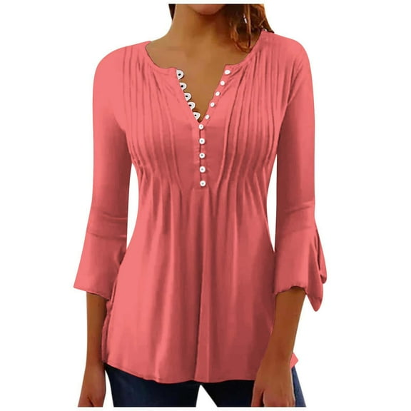 Ltctricy Women's 3/4 Sleeve Tops Trendy Crew Neck Half Button Pleated Front Tunic Blouses Dressy Casual Shirts