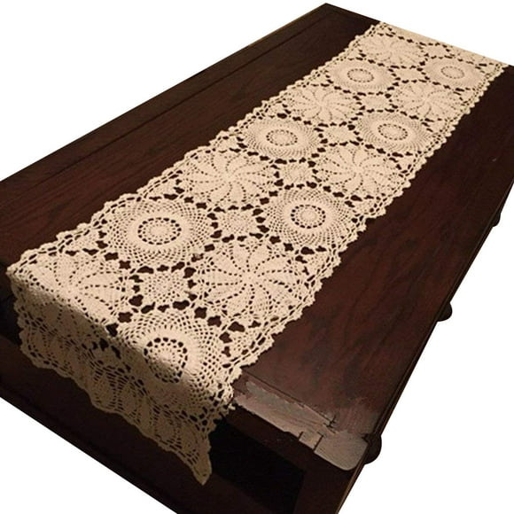 USTIDE Rustic Floral Table Runner Hand Crochet Table Doily Beige Cotton Lace Table Decoration for Coffee Table 15"X59"