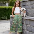thumbnail image 5 of COEQINE Girls Ruffled Pants Elastic Waistband Long Trousers Track Pants with Pockets Wide Leg Trousers Loose Y2K Fashion Outfits for 13-14 Years, Retro Rose Vine Green, 5 of 8