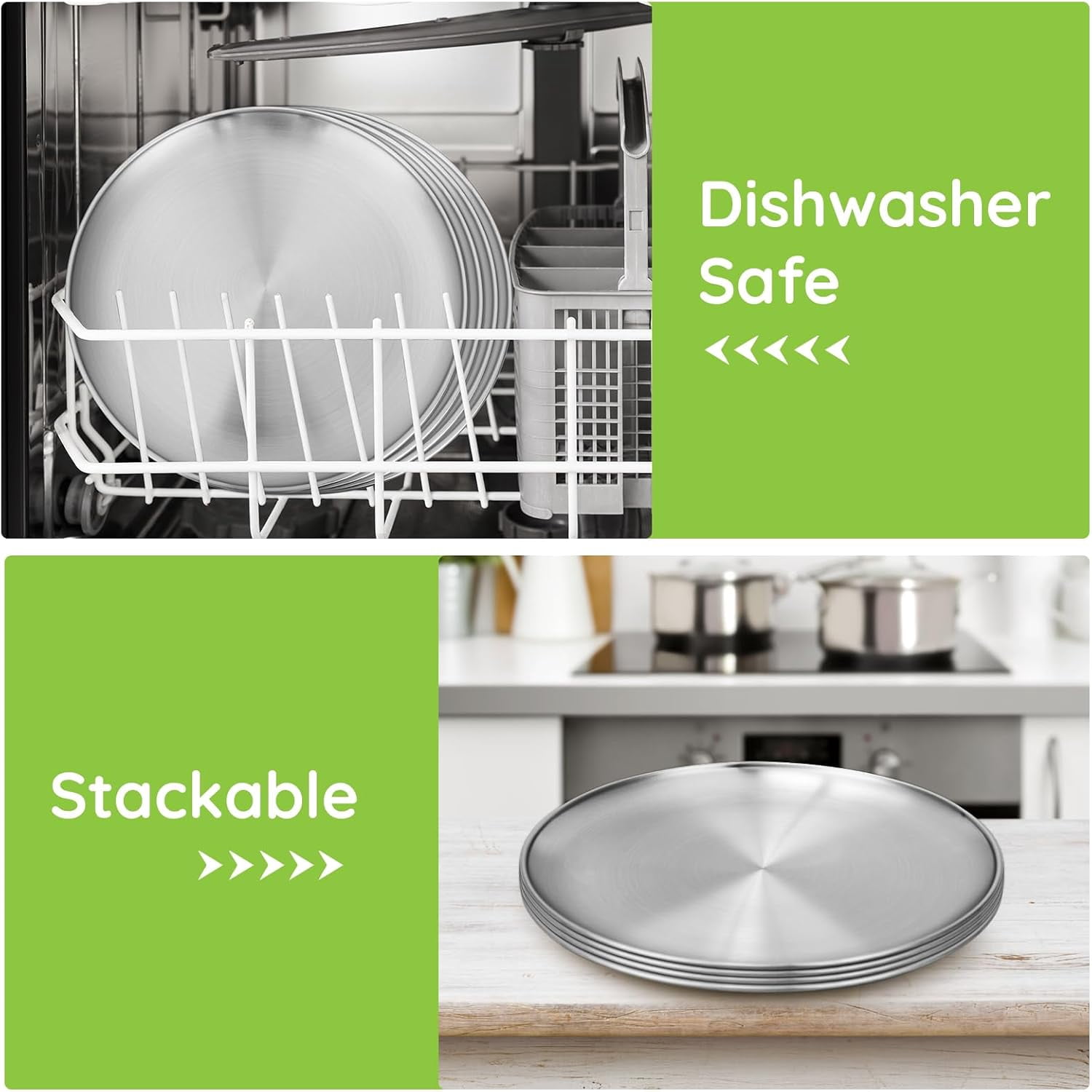 Stainless Steel Plates, 6 Pack 11.8 inch 304(18/8) Metal Food Serving Plate Set, Reusable Snack Eating Dishes Round Shatterproof Plate Silver BBQ Dinner Lunch Dinnerware Oven Dishwasher Safe