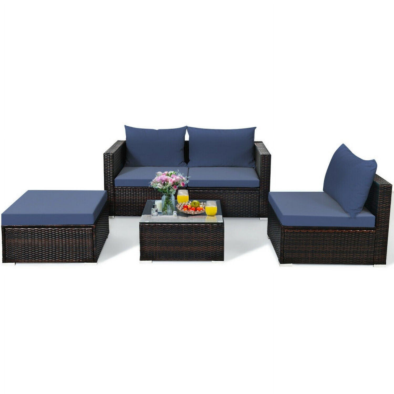 Aimee Lii 5 Pieces Patio Rattan Sectional Furniture Set with Cushions and Coffee Table, Outdoor Deck Furniture, Navy