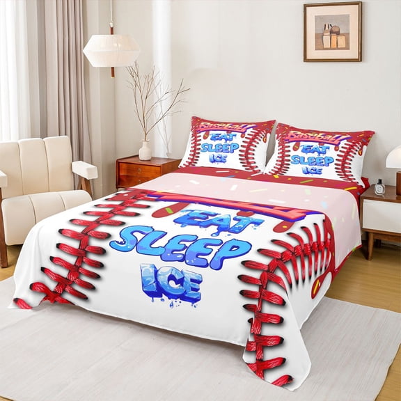 Feelyou Cartoon Ice Cream Full Size Sheets, Baseball Ice Hockey Sports Bed Sheets, Teens Kids Boys Girls Sheet Sets, Lightweight Room Decor, 4-Piece