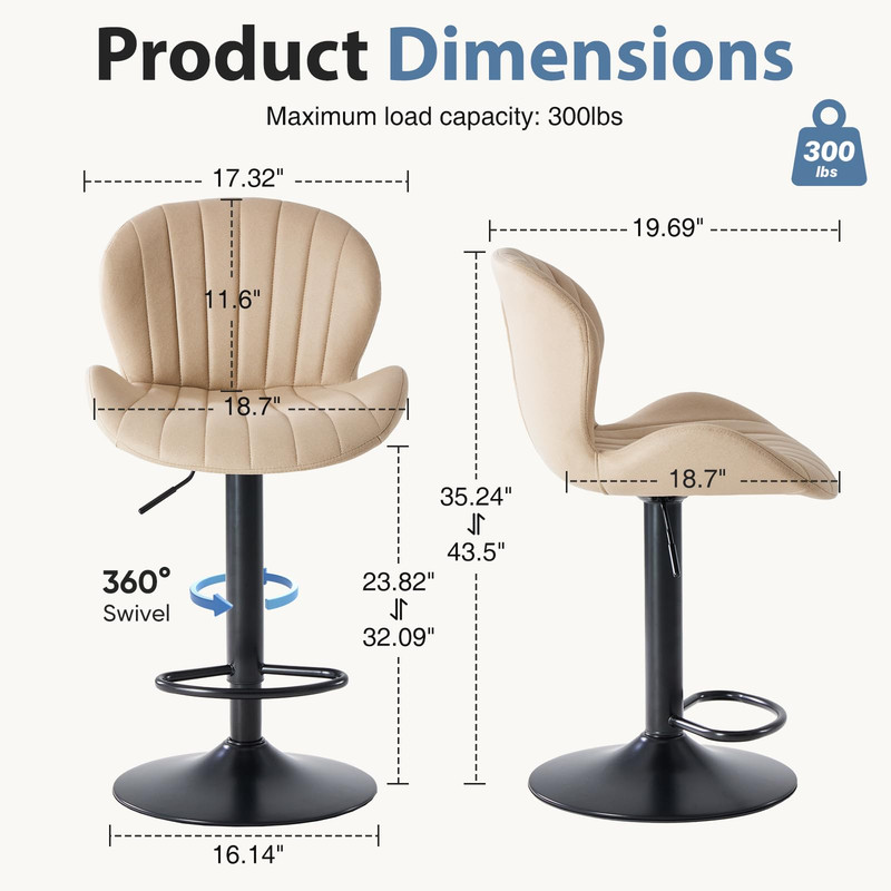Kelno Swivel Bar Stools Set of 2 Adjustable Height Linen Seat with Backrest 360° Swivel for Kitchen Island, Beige