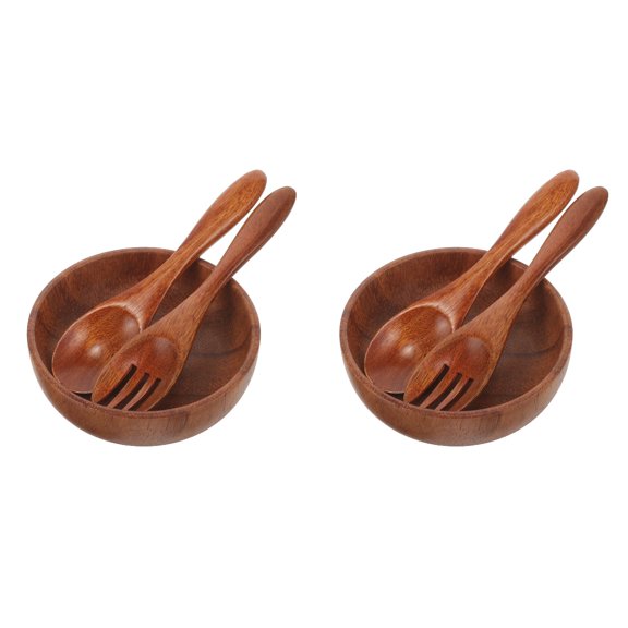 2 Sets Wooden Bowl Tableware Spoon Fork Bread Serving Utensils Salad Extra Large