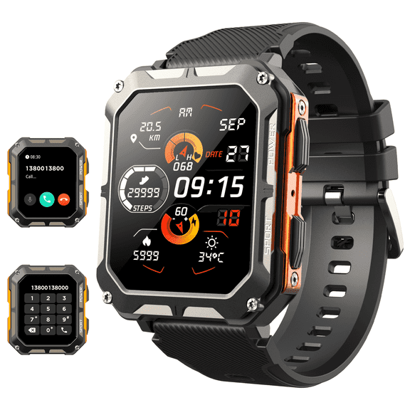 Military Smart Watches for Men, 1.83" HD Touch Screen Outdoor Sport Watch with Bluetooth Call(Answer/Make Call), IP68 Waterproof,for Android and iPhone Compatible, Orange