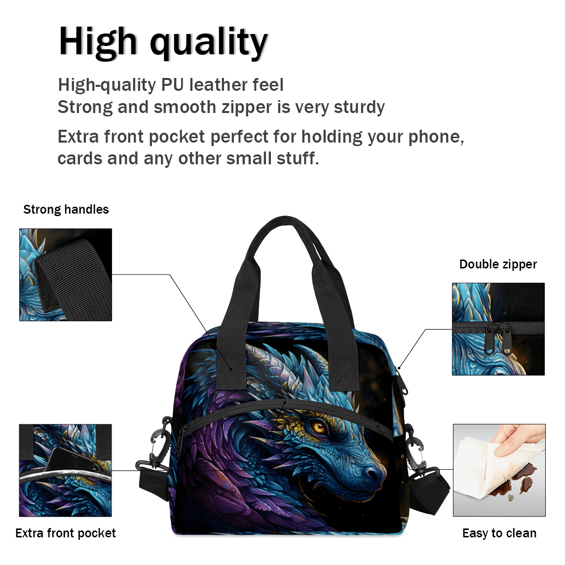 Herdesigns Cool Dragon Insulated Lunch Bag for Women Men Adults Large Reusable Lunch Box Leakproof Portable Cooler Tote Bags with Adjustable Shoulder Strap