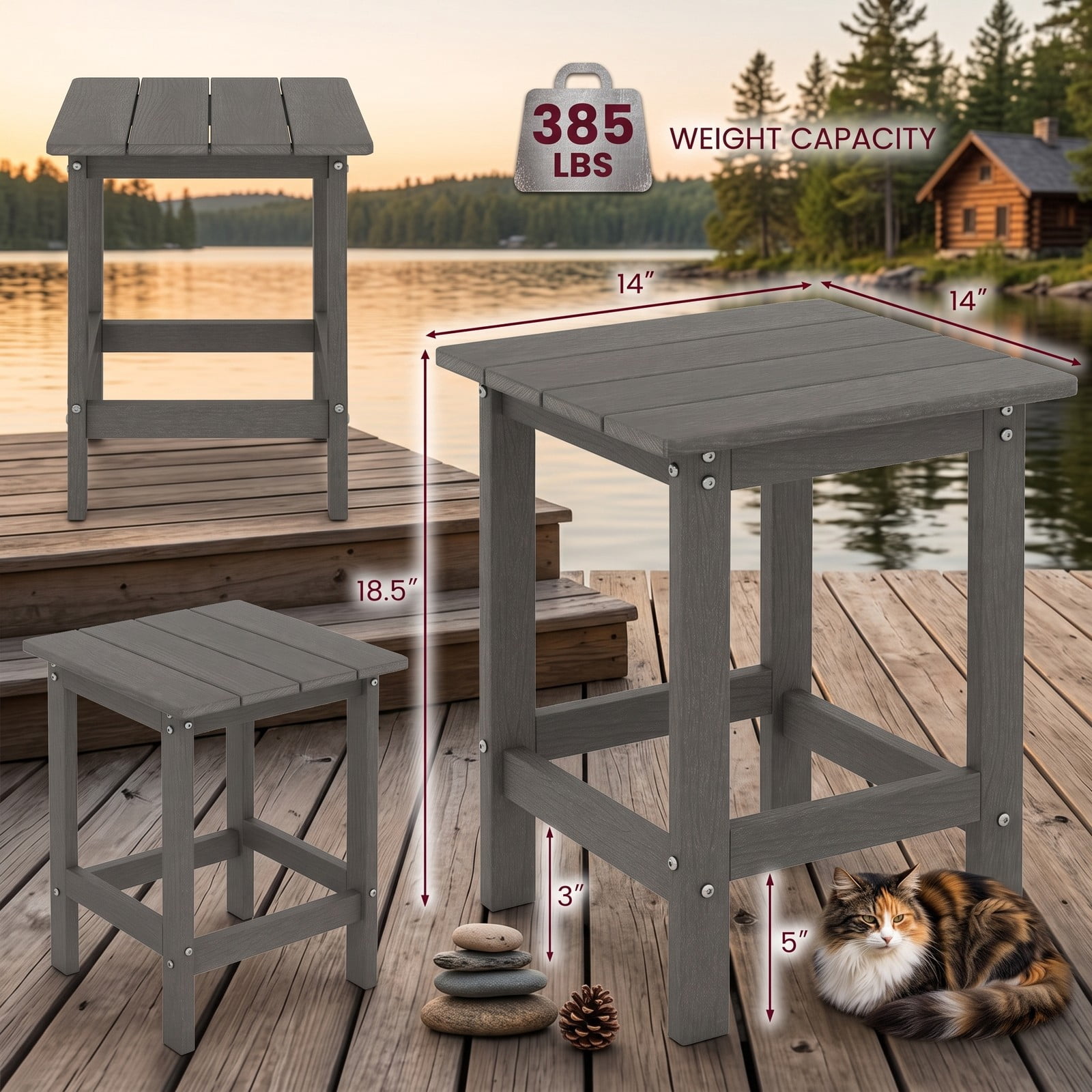 Furnibear Set of 2 14 Inch Square Weather Resistant HDPE Adirondack Side Tables for the Patio Porch Deck and Garden, Gray