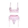 thumbnail image 3 of VISgogo Conjunto de lencería con bordado floral para mujer, sujetador con escote en V profundo ahuecado + bragas con cintura elástica + minifalda VISgogo moda, 3 of 9