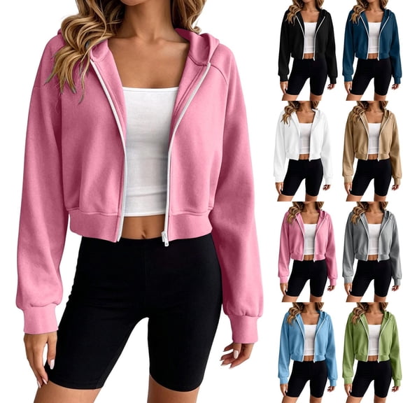 Luvrsol Womens Hoodiess Light Zip Up Hoodie Outer Layer Cropped Jacket Sweatshirt with Pockets S-2XL