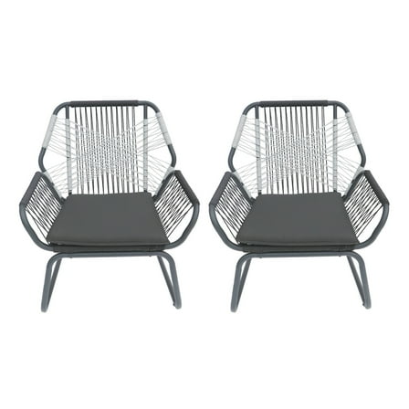 Ciao Accent Club Chair Set of 2- Outdoor Gray Cushions- Gray Rope and Steel