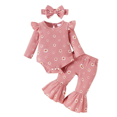 

TAIAOJING Newborn Infant Baby Girl Clothes Outfits Girls Clothes Long Sleeve Ruffles Romper Bodysuit Floral Print Pants Headbands Outfits Kids Cute Clothes 3-6 Months