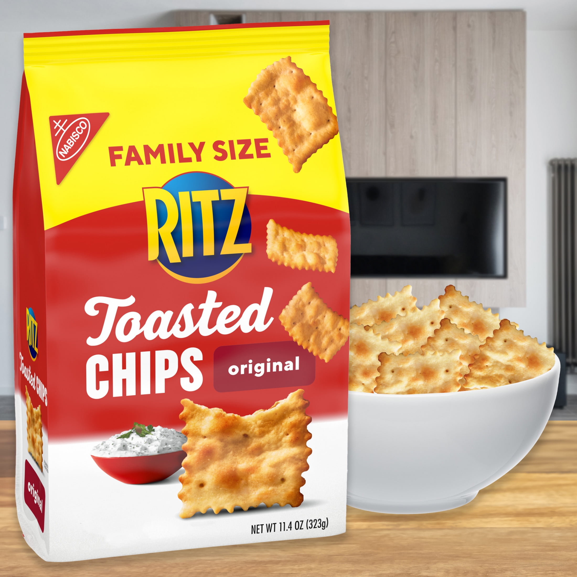 (3 pack) RITZ Toasted Chips Original Crackers, Party Snacks, Family Size, 11.4 oz
