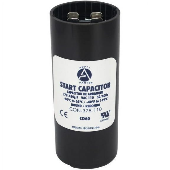 Appli Parts motor start capacitor 378-450 Mfd (microfarads) uF 110-125 VAC universal fit for electric motor applications 1-7/16 in Wide 3-3/8 in Height CON-378-110