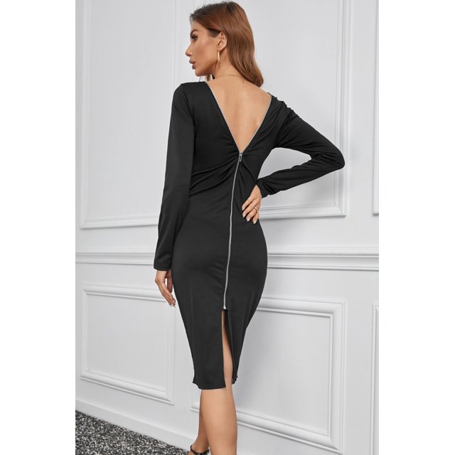 ABPHQTO Vestido a media pierna negro de manga larga con cremallera y espalda abierta para mujer