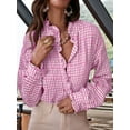 thumbnail image 4 of Women'S Plaid Ruffle V Neck Button Down Blouse Casual Long Sleeve Gingham Work Checkered Shirt Tops Pink M, 4 of 8