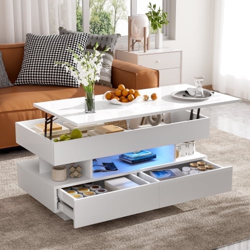 Lincordor Multi-Functional Lift Top Coffee Table with Storage, 47" Modern LED Illuminated Table with 2 Drawers & Hidden Compartment, for Living Room & Office(White)