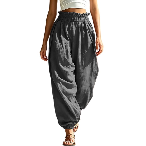JGGSPWM Womens Balloon Pants Trendy Solid Color Casual Lace Elastic Waist Wide Leg Harem Pants Baggy Pleated Lantern Trousers Gray L