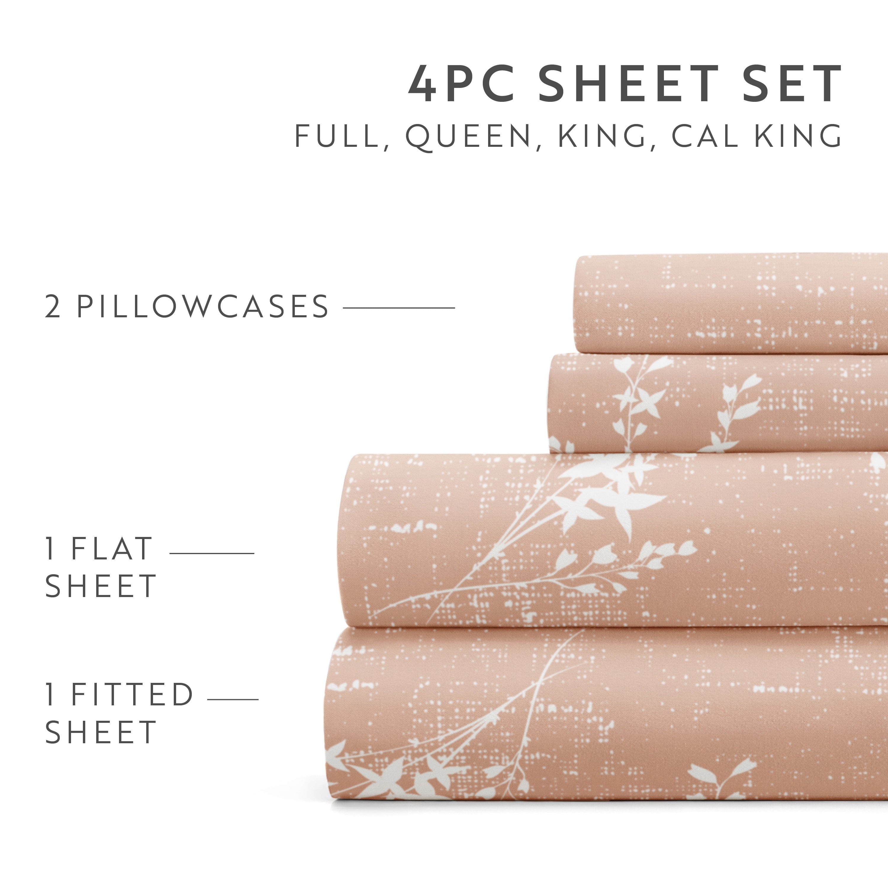 Noble Linens 4 Piece Pattern Microfiber Bed Sheets Set, Distressed Willow Apricot, King
