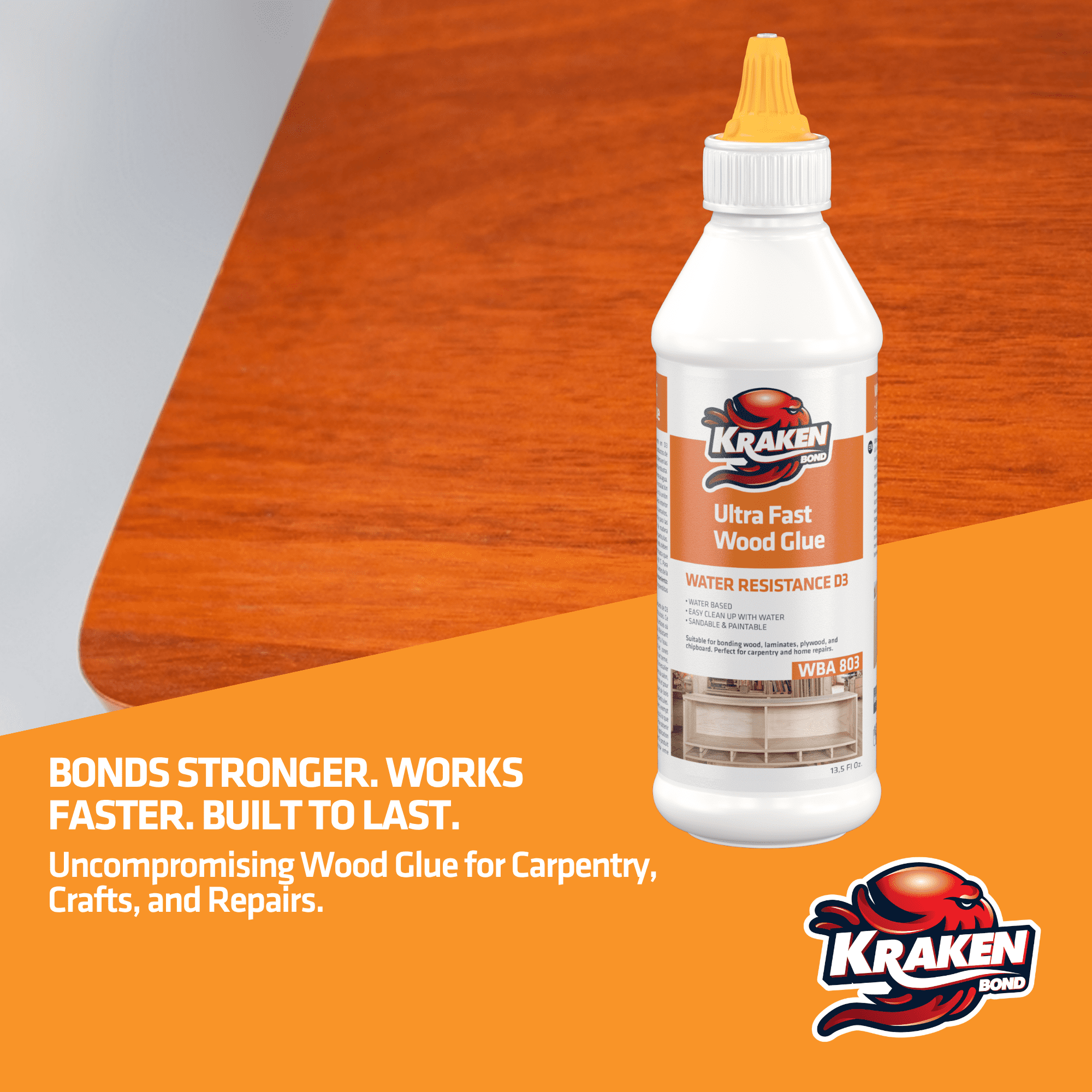 Kraken Bond D3 White PVA Wood Glue, Fast Setting, 13.5 fl oz - 12 Pack
