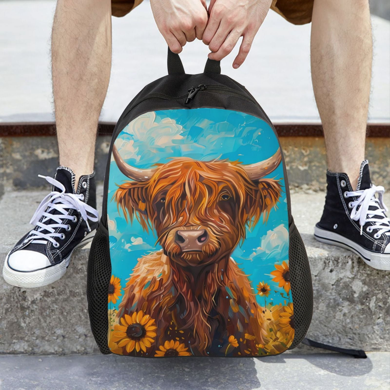 Xecao Cute Cow Sunflowers Art Print School Backpack with Laptop Compartment Small Travel Laptop Backpack for Women Men Waterproof College Backpack Simple School Bag