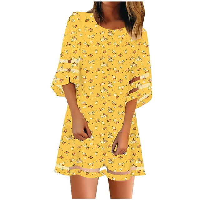 Leutsin Femmes Casual V-Cou Net Fil Évasé Manches Impression en Vrac Robe