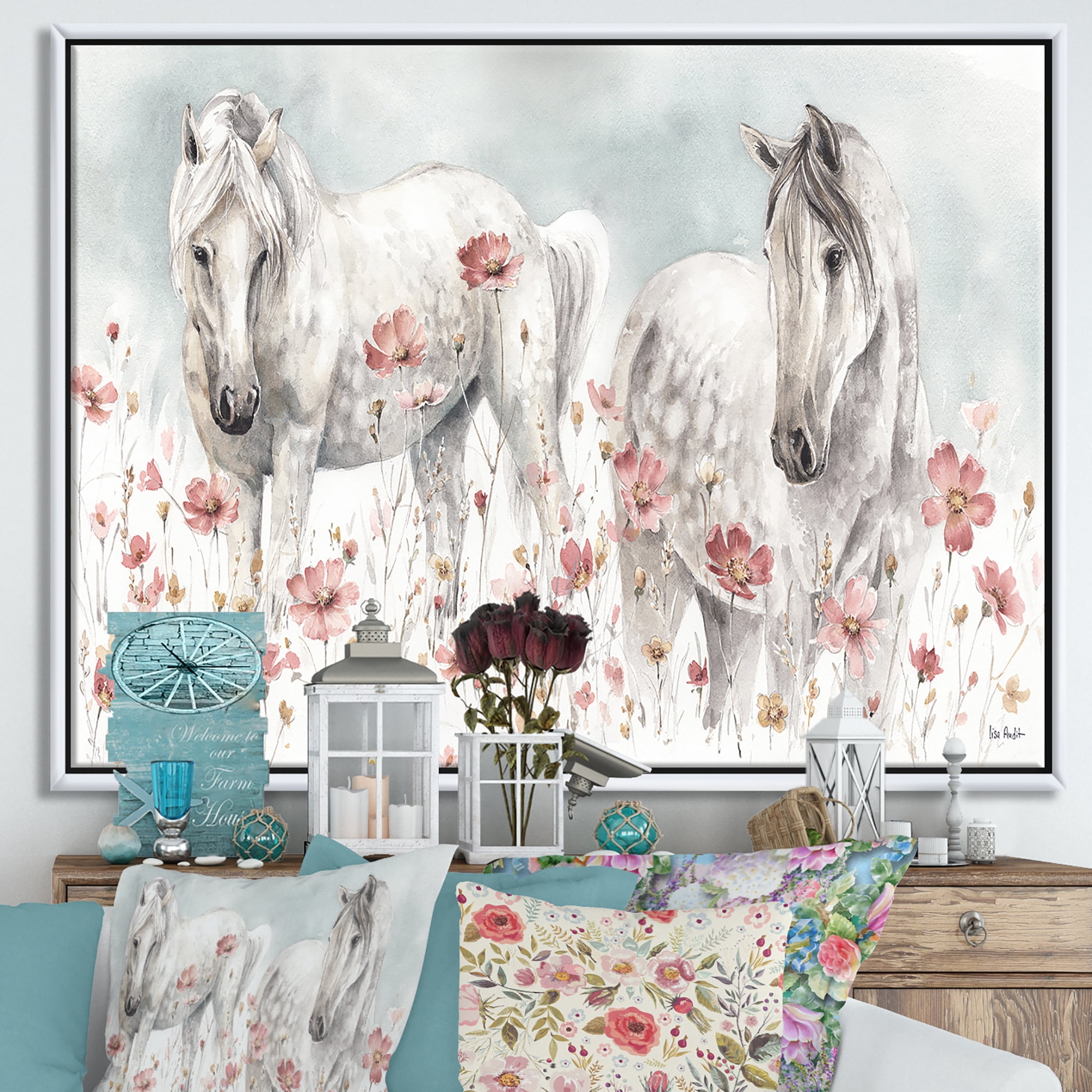 Designart ' watercolors Pink Wild Horses ' Farmhouse Framed Canvas