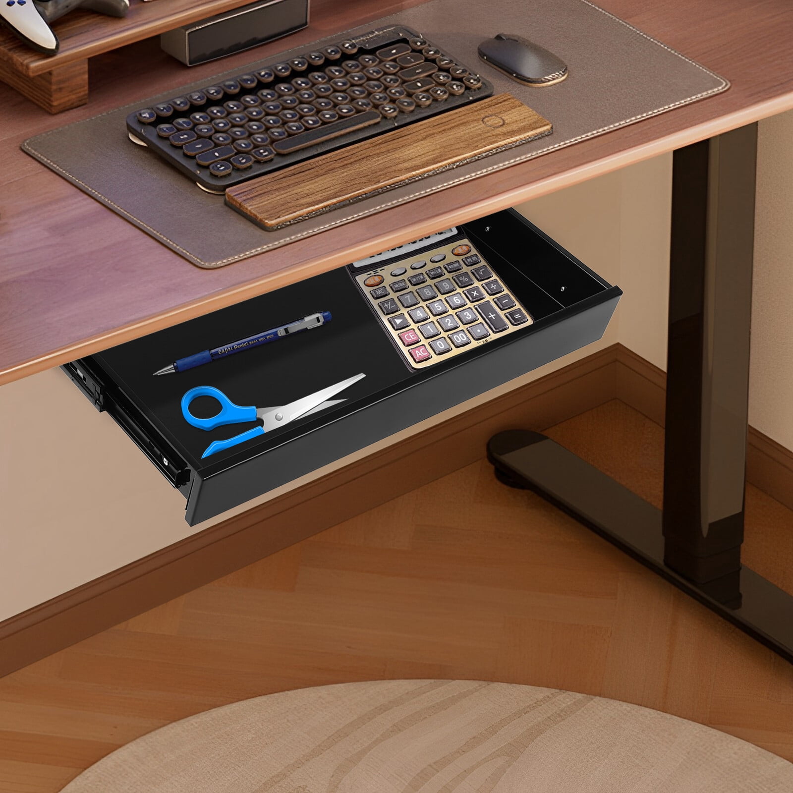 21.6*14*2.875in Modern Black Under Desk Mounted Drawer Storage Organizer Sliding Pullout Drawer Standing Desk
