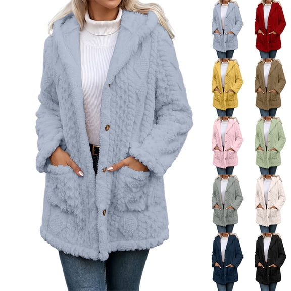 Meichang Fleece Jacket Women Fuzzy Hooded Button Up Cardigan Open Front Long Sleeve Sherpa Jacket Outerwear with Pockets