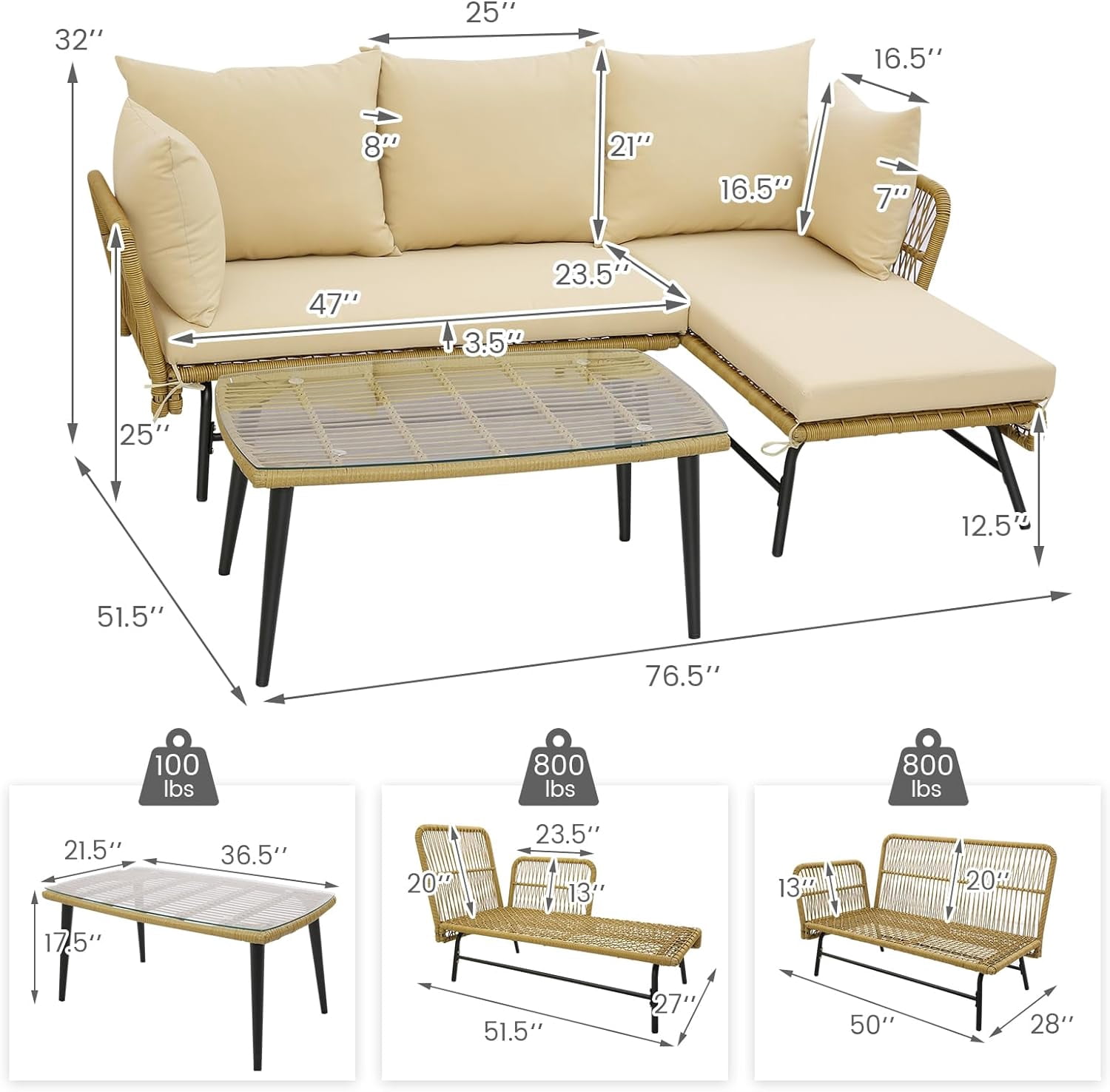 Set of 3 L-Shaped Patio PE Rattan Sofa Set Sectional Sofa Furniture Set with Cushions and Tempered Glass Table Beige