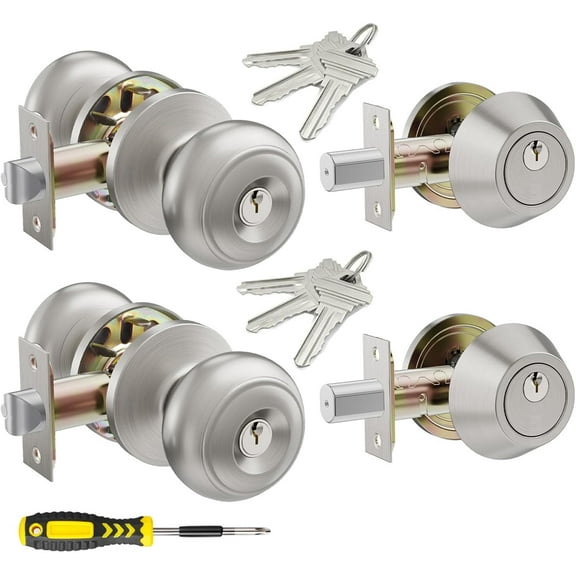 2 Set All Keyed Same Entry Door Knobs and Single Cylinder Deadbolt Combo Set for Entrance and Front Door, Keyed Alike Exterior Door Lock Set with Keys, Satin Nickel Deadbolt Lock and Door Knob Set