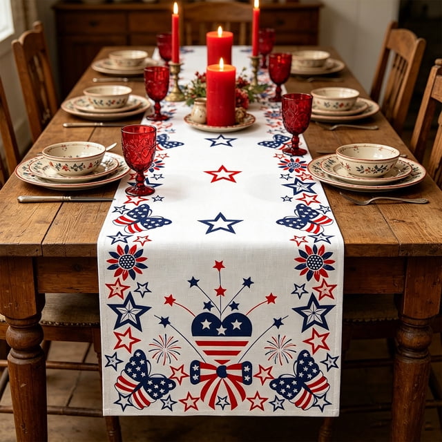 Drapeau de Table Patriotique avec Papillons, Motif d'Étoiles Rouges Blanches Bleues et de Drapeau Américain, Bannière Festive pour la Fête de l'Indépendance et Chemin de Table des Fêtes, 13 Pouces X 47 Pouces