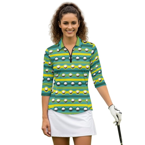 HUIACONG Golf Ball Pattern Womens Tennis Tops, 3/4 Sleeve Athletic Polo Shirts for Golf, Tennis, Hiking, Running, Gym and Daily Sport