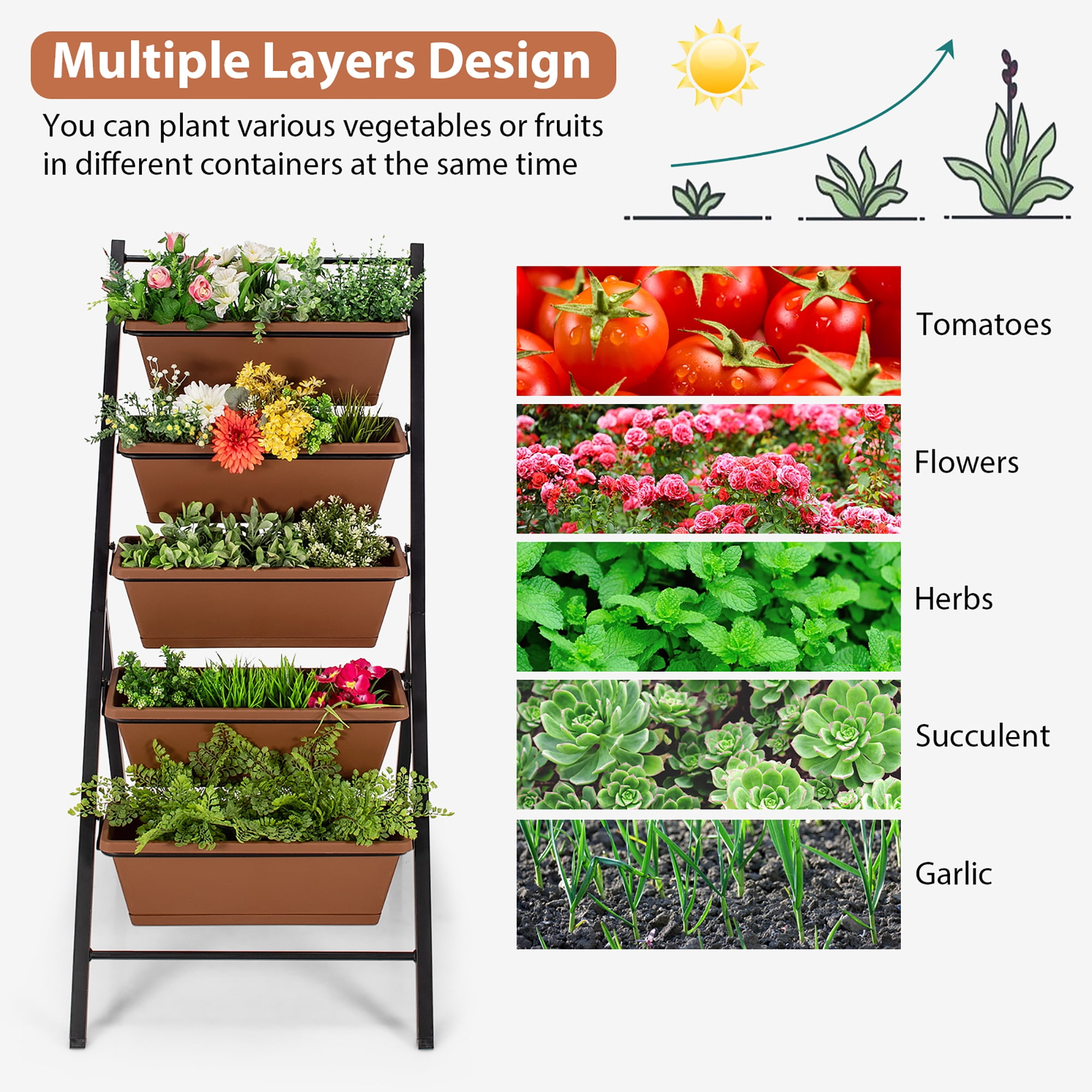 Costway 5-tier Vertical Garden Planter Box Elevated Raised Bed w/5 Container Brown